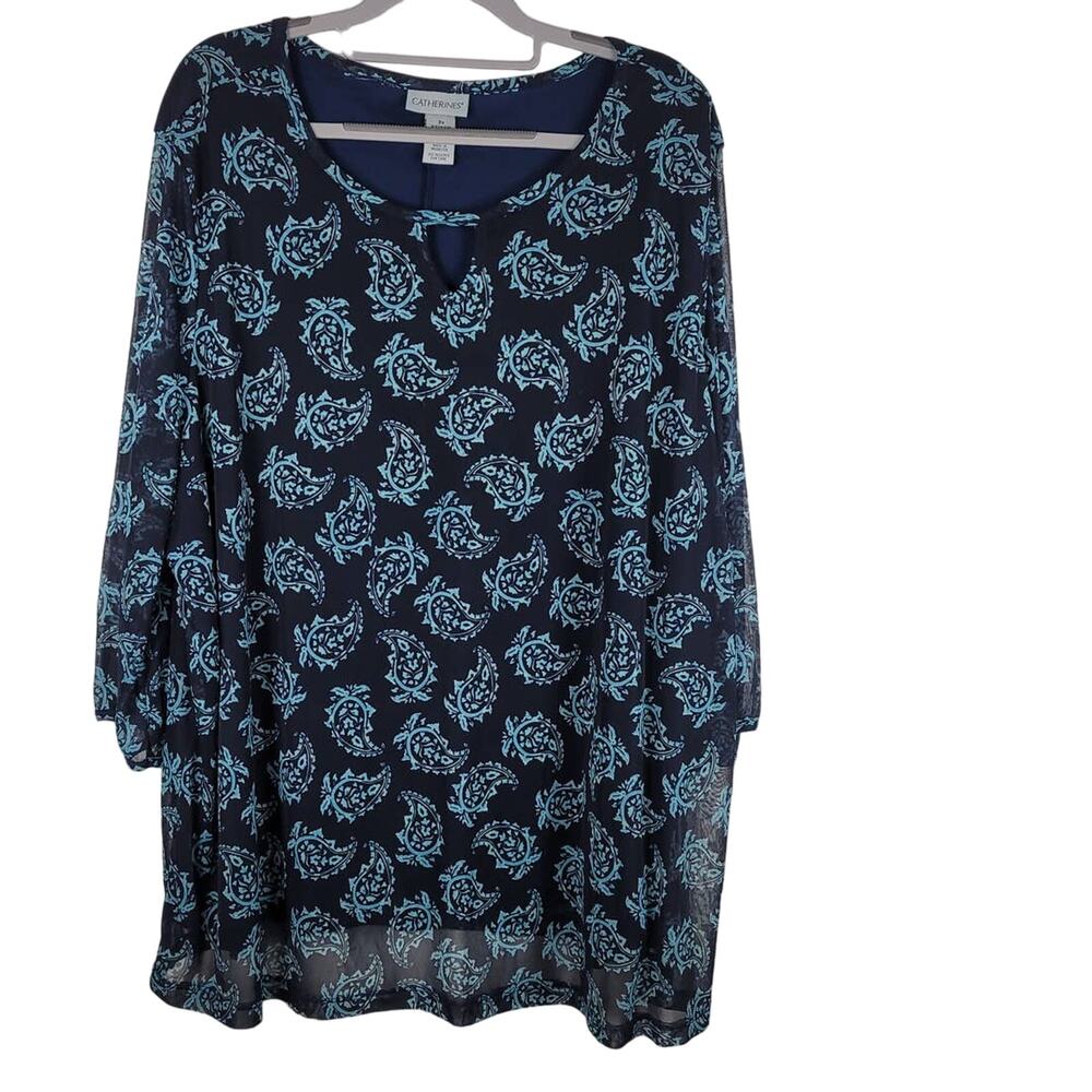 Catherines Colors of Blue Lined With Sheer Long Sleeve Blouse 22/24 2X